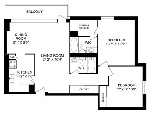 Floor plan for 2 beds, 2 baths, 994 sqft